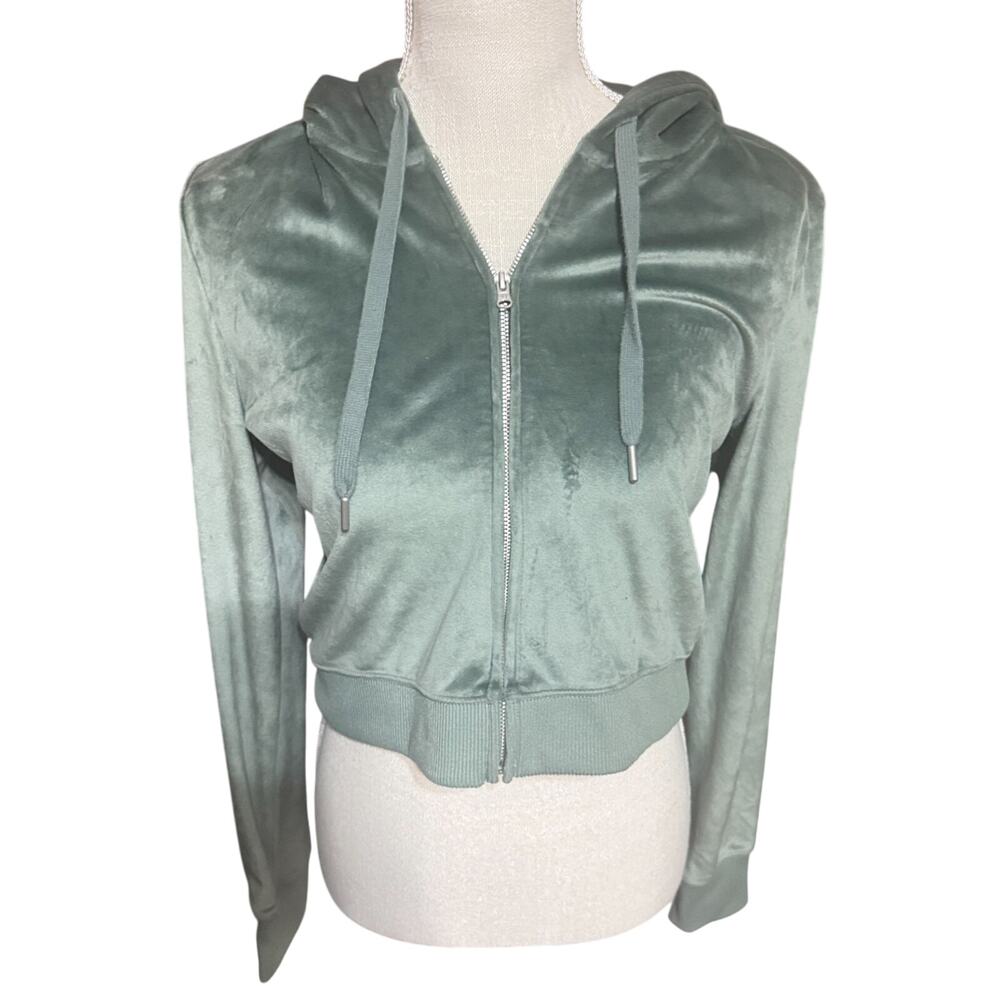 Aerie Velour Cropped Hoodie Sage Green Womens M Jacket full zip